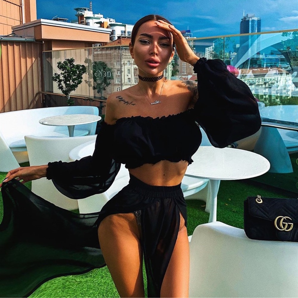 Sexy Black 2 Pcs Crop Top with Maxi Skirt Beach Coverup - Picture 4 of 15